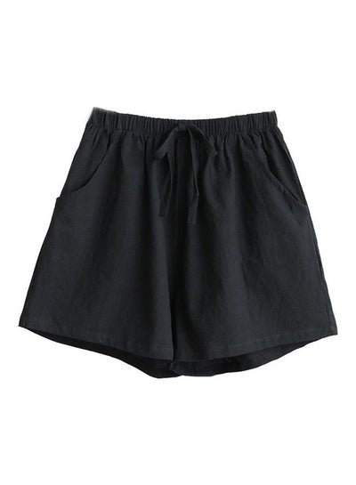 Buy Drawstring High Waist Loose Cotton Linen Shorts Black in UAE