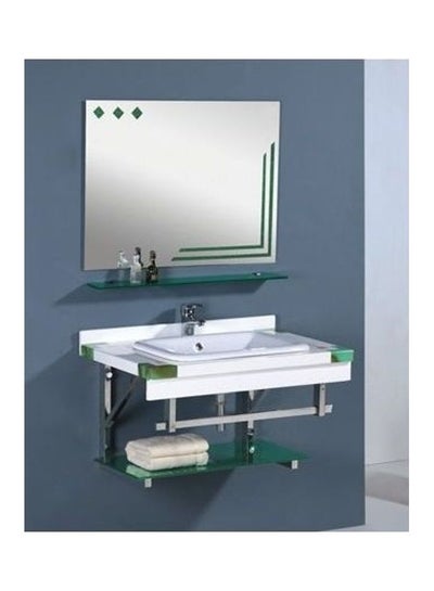 Buy Decorative Glass Bathroom Wash Basin Without Mixer And Mirror White/Green 80x80x10cm in Egypt