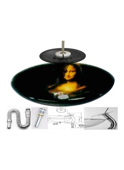 Buy 3-Piece Monalisa Printed Glass Bathroom Wash Basin With Mixer And Pop Up Drain Set Black/Silver 60x60x10cm in Egypt