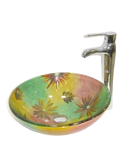 Buy 3-Piece Flower Printed Bathroom Wash Basin With Mixer And Pop Up Drain Set Multicolor 60x60x10cm in Egypt