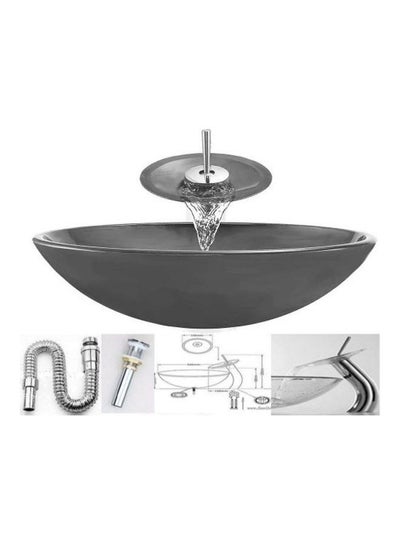 Buy 3-Piece Decorative Marble Wash Basin With Waterfall Mixer And Pop Up Drain Set Grey/Silver 5kg in Egypt