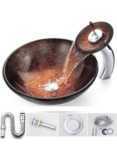 Buy 3-Piece Volcano Style Bathroom Wash Basin With Mixer And Pop Up Drain Set Brown/Gold/Silver 60x60x10cm in Egypt