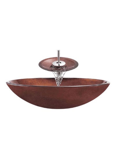 Buy 3-Piece Decorative Glass Wash Basin With Pop Up Mixer And Drain Set Brown/Silver 40x40x14cm in Egypt
