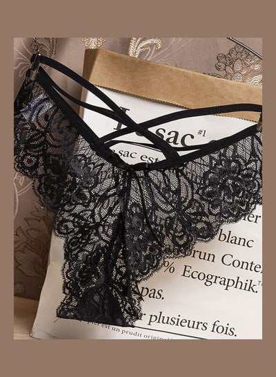 Buy G-string Lace Floral Thin Cross Ribbon Underwear Erotic Briefs Panties Black in UAE