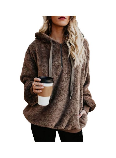 Buy Shaggy Textured Drawstring Hoodie Brown in UAE