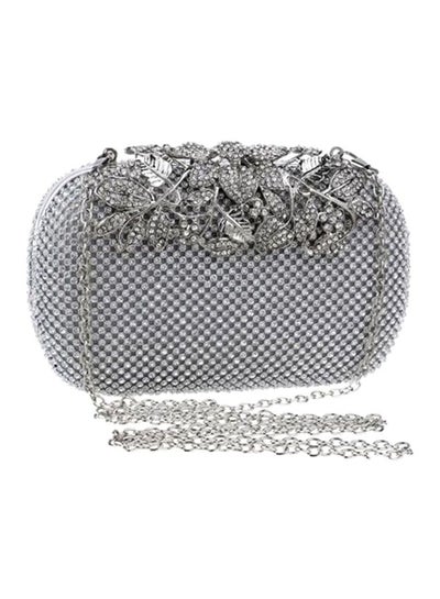 Buy Crystal Studded Floral Clutch Grey/Clear in Saudi Arabia