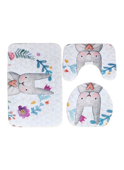 Buy 3-Piece Printed Bath Mat Set Grey/Blue/White in Saudi Arabia