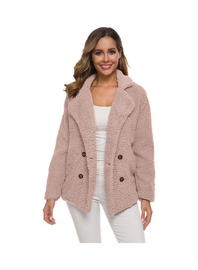 Buy Double-Breasted Loose Lamb Fur Coat Pink in UAE