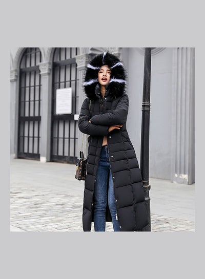 Buy Solid Fur Design Long Jacket Black in UAE