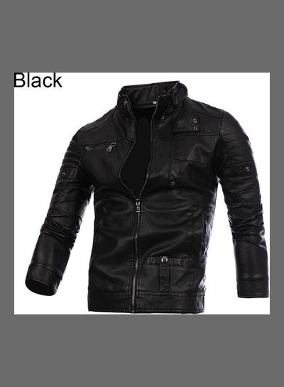 Buy Faux Leather Biker Jacket Black in UAE
