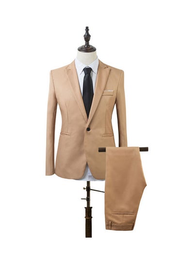 اشتري 2-Piece Slim Fit One Button Suit Coat And Pants Set Khaki في الامارات