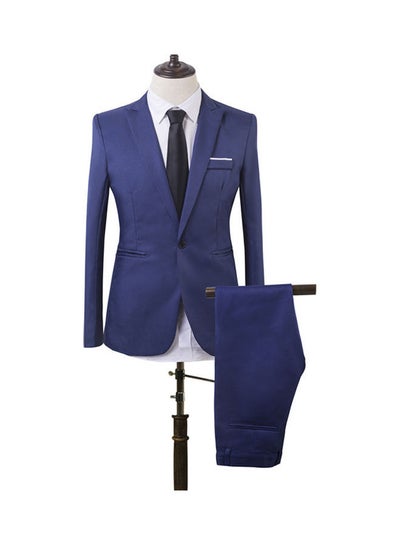 Buy 2-Piece Slim Fit One Button Suit Coat And Pants Set Lake Blue in UAE