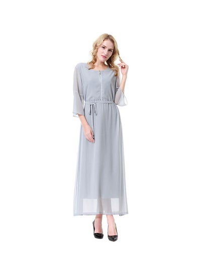 Buy Round Neck Three-Quarter Sleeve Chiffon Dress Grey in Saudi Arabia