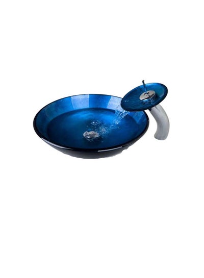 Buy Glass Wash Basin With Mixer And Drain Blue 40 X 40 X 14cm in Egypt