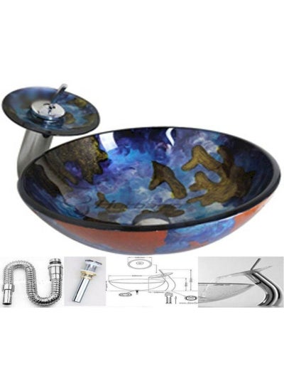 Buy 2-Piece Decorative Glass Wash Basin With Pop-Up Drain Without Mixer Set Blue/Green 5kg in Egypt