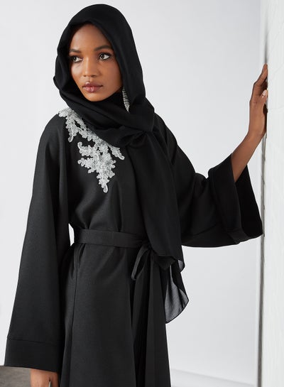 Buy Contrast Lace Abaya Black in Saudi Arabia