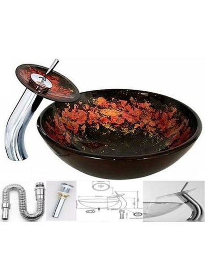 Buy Modern Glass Wash Basin With Shelf And Waterfall Mixer And Accessories Set Brown in Egypt