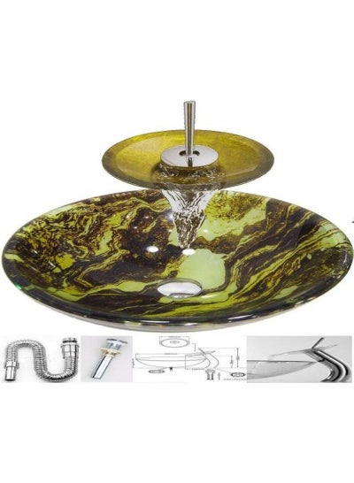 Buy Modern Glass Wash Basin With Shelf And Waterfall Mixer And Accessories Set Green in Egypt