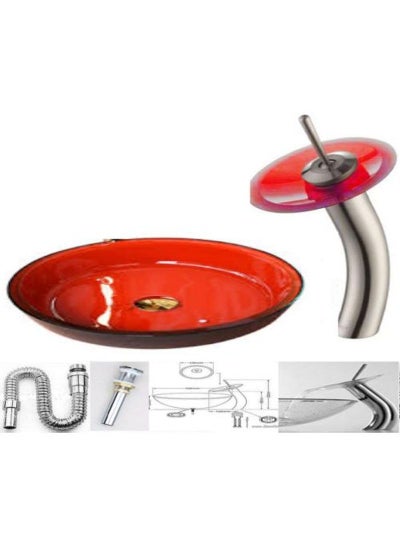 Buy Modern Glass Wash Basin With Shelf And Waterfall Mixer And Accessories Set red in Egypt