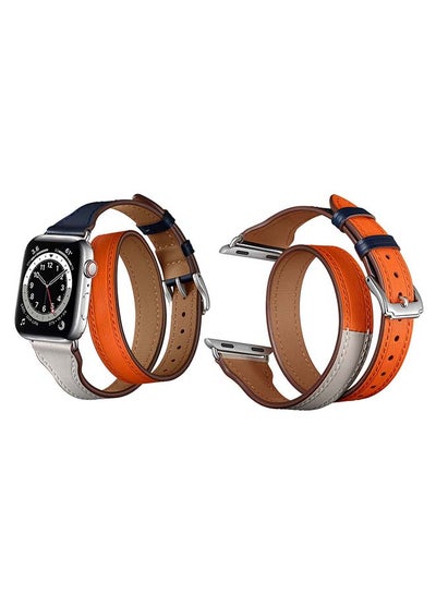 Buy Double Tour Leather Replacement Band For Apple Watch Series 6/SE/5/4/3/2/1 Orange Indigo Blue in UAE