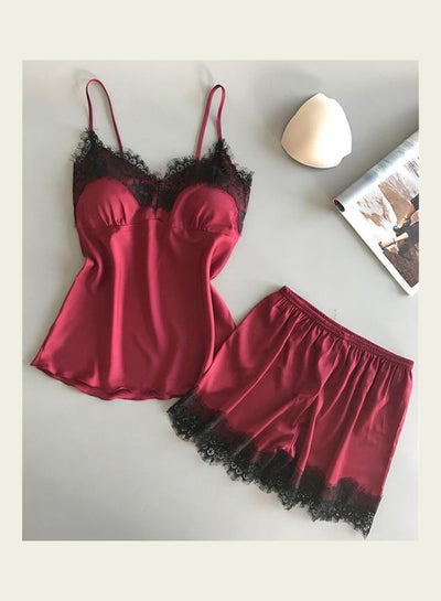 Buy 2-Piece Lace Detail Sleepwear Set Wine Red/Black in Saudi Arabia