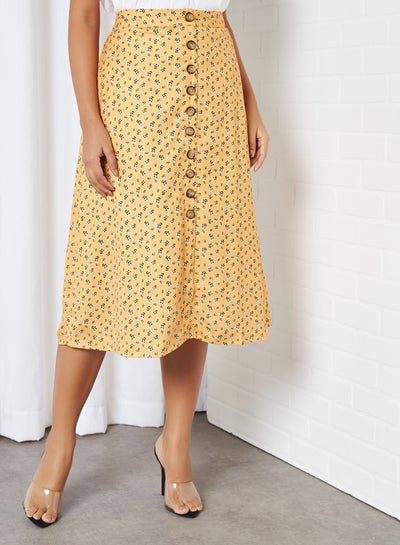 Buy Floral Print Button Front A-Line Skirt Yellow in UAE