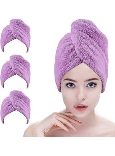 Buy 3-Piece Turban Twist Hair Drying Cap Wrap Towels Set Purple 8.3inch in Saudi Arabia