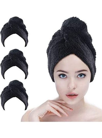 Buy 3-Piece Turban Twist Hair Drying Cap Wrap Towels Set Black 8.9inch in Saudi Arabia