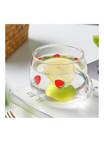 Buy Strawberry Print Clear Glass Breakfast Cup With Handle Clear/Red 8x10cm in UAE