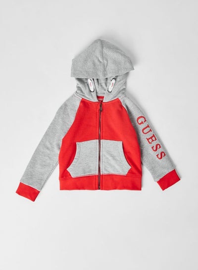 Buy Dual Pocket Color Block Hooded Neck Zip Through Red/Grey in Egypt