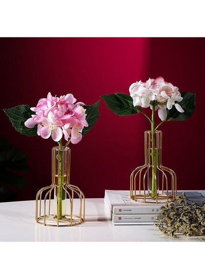 Buy Nordic Style Glass Tube Vase With Metal Rack Gold 10x15.5cm in UAE