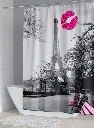 Buy Eiffel Tower Printed Shower Curtain With Hook White/Grey/Black 180x165cm in UAE