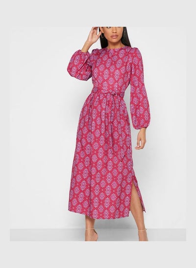 Buy Printed Tie Front Midi Dress Red/Blue in UAE