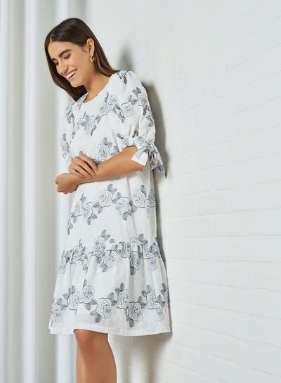 Buy Floral Print Puff Sleeve Dress White in UAE