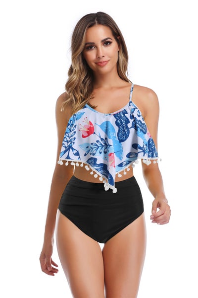 Buy Leaves Print High Waist Flouncy Swimwear Set Multicolour in UAE