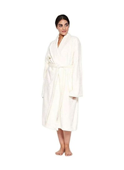 Buy Turkish Cotton Bath Robe With Pockets Off White One Size in UAE