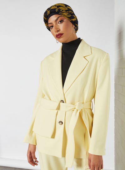 Buy Relaxed Belted Blazer Pastel Yellow in UAE