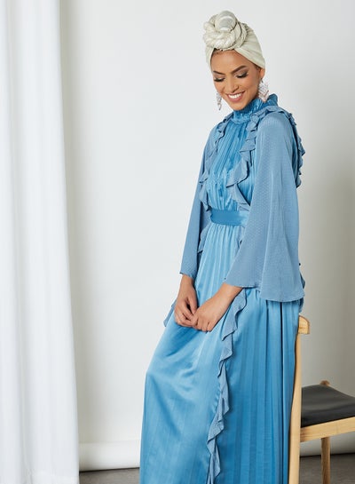 Buy Pleated Ruffle Dress Blue in Saudi Arabia