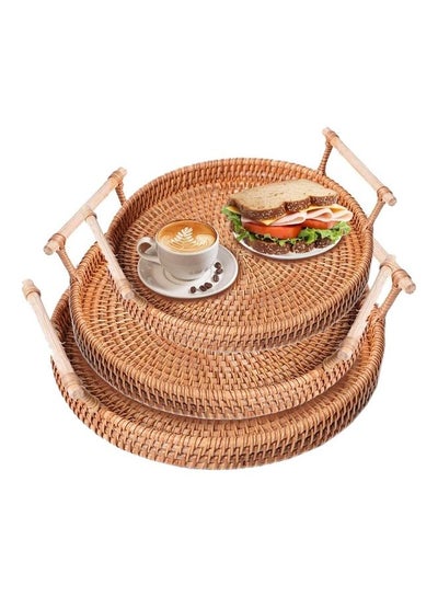 Buy 3-Piece Round Woven Serving Tray with Handles Brown 22, 24, 28cm in UAE