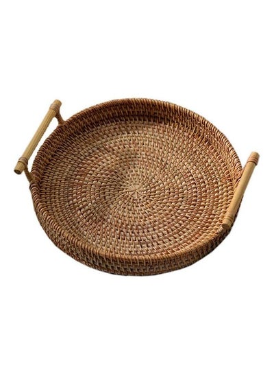 Buy Round Rattan Woven Serving Tray with Handles Brown 28 x 28 x 7cm in Saudi Arabia