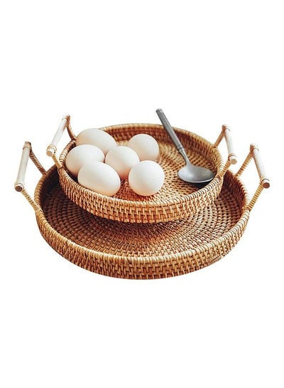 Buy 2-Pack Round Rattan Serving Tray Brown 11 x 11 x 1.6, 9.4 x 9.4 x 1.37cm in UAE