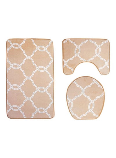 Buy 3-Piece Geometric Pattern Anti Skid Toilet Mat Set Beige/White in Saudi Arabia