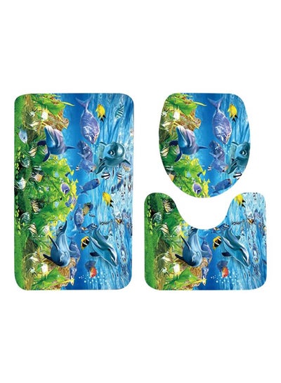 Buy 3-Piece Fish Printed Bath Mat Set Green/White/Blue Rectangular Mat(75x45), U Shaped Mat(37.5x45), Toilet Cover(35x45)cm in Saudi Arabia