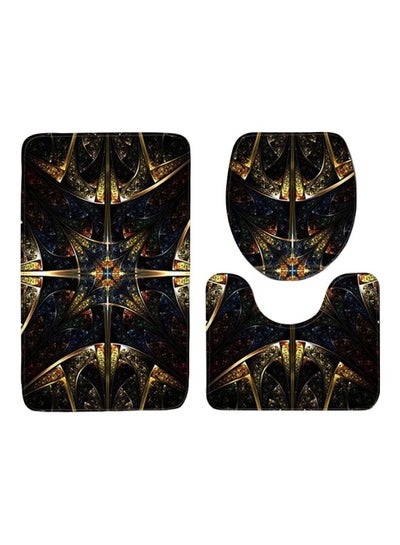 Buy 3-Piece Printed Bath Mat Set Black/Gold/Blue in Saudi Arabia