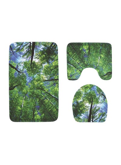 Buy 3-Piece Tree Printed Bath Mat Set Green/Blue/White Rectangular Mat ( 75x45), U Shaped Mat (40x45), Toilet Cover (37x42)cm in Saudi Arabia