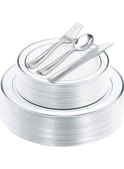 اشتري طقم أدوات مائدة مكون من 125 قطعة أبيض/فضي Plate(Large-10.25,Small-7.5), Knife-7.87, Spoon-6.89, Fork-7.4بوصة في الامارات
