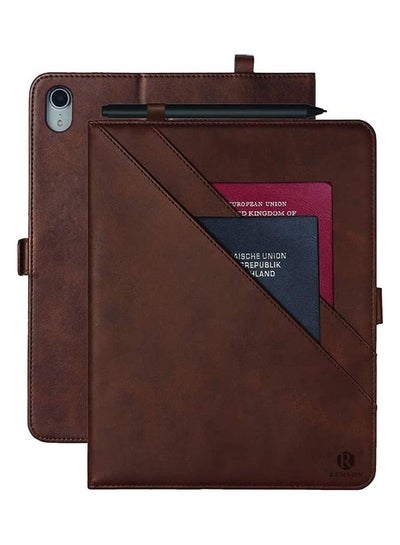 Buy Leather Folio Case With Card Slot And Pocket Wallet For Ipad Dark Brown in UAE