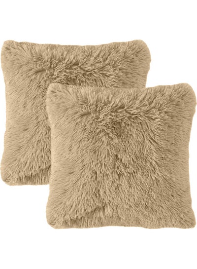 Buy 2 Pieces Soild Decorative Cushion Fur Beige 45x45cm in UAE