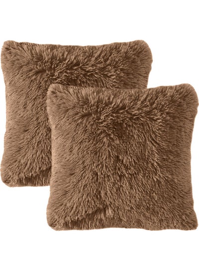 Buy 2-Piece Decorative Fur Cushion Set Brown 65x65cm in Saudi Arabia