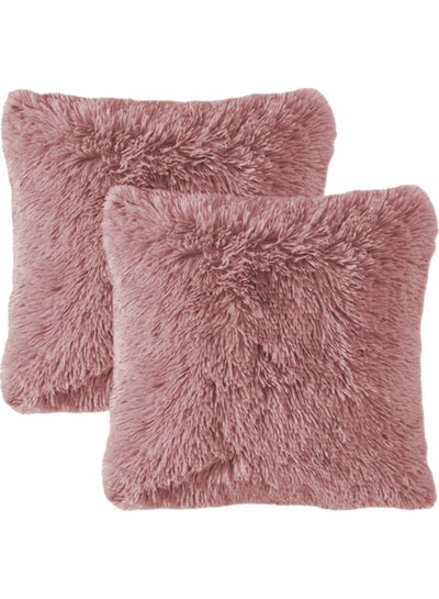 Buy 2-Piece Decorative Fur Cushion Set Rose 65x65cm in UAE